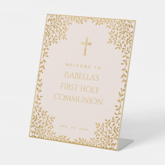 ガールファーストコミュニオンピンクフェイク金ゴールド離れ歓迎 台座サイン (正面)