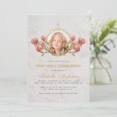 ガールファーストコミュニオンフォトピンクマグノリア大理石 招待状 (スタンド正面)