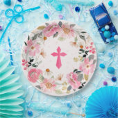 ガールファーストコミューニオンウォーター色ピンクフローラ ペーパープレート (パーティー)