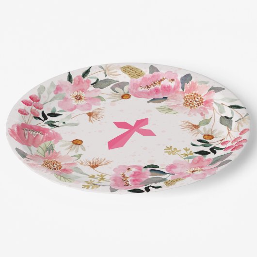 ガールファーストコミューニオンウォーター色ピンクフローラ ペーパープレート (アングル)