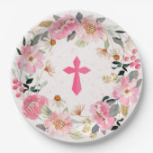 ガールファーストコミューニオンウォーター色ピンクフローラ ペーパープレート (正面)