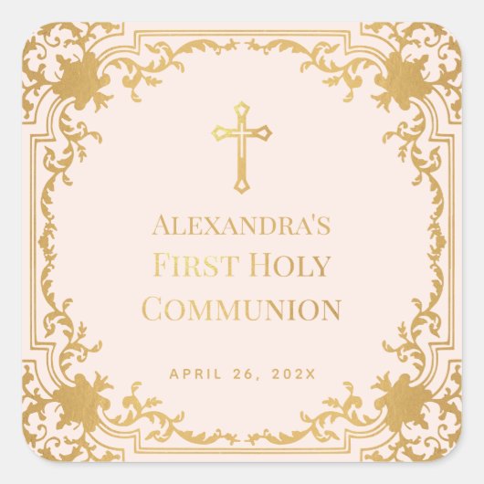 ガールファーストコミューニオンピンクフェイク金ゴールドヴィンテージ華美 スクエアシール (正面)