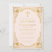 ガールファーストコミューニオンピンクフェイク金ゴールドヴィンテージ華美 招待状 (正面)