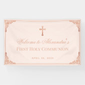 ガールファーストコミューニオンピンクローズ金ゴールドクロスヴィンテージ 横断幕 (横)