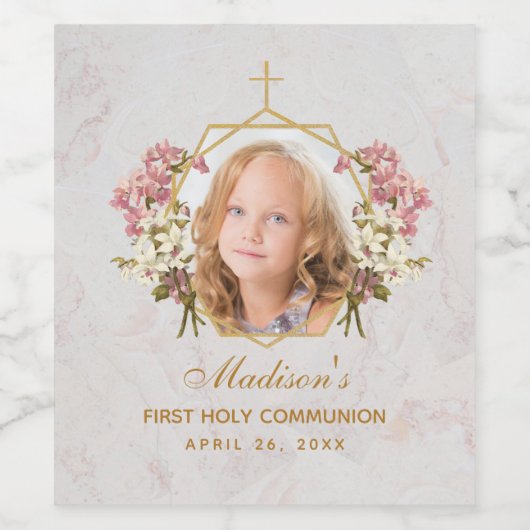 ガールファーストコミューニオンフォトピンクオーキッド金ゴールドフローラ ワインラベル (シングルラベル)