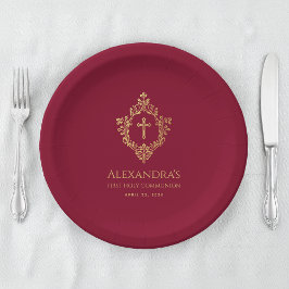 ガールファーストコミューニオンブルゴーニュ金ゴールドクレストエレガント ペーパープレート