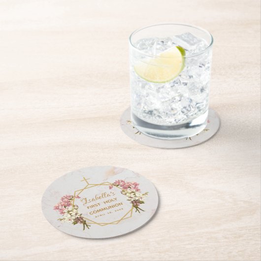 ガールファーストコミューニオンマーブルピンクオーキッド金ゴールドクロス ラウンドペーパーコースター (インサイチュ)