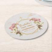 ガールファーストコミューニオンマーブルピンクオーキッド金ゴールドクロス ラウンドペーパーコースター (アングル)