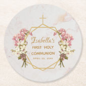 ガールファーストコミューニオンマーブルピンクオーキッド金ゴールドクロス ラウンドペーパーコースター (正面)