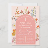 ガールファーストコミューニオンワイルドフラワーズピンクアーチフローラ 招待状 (正面)