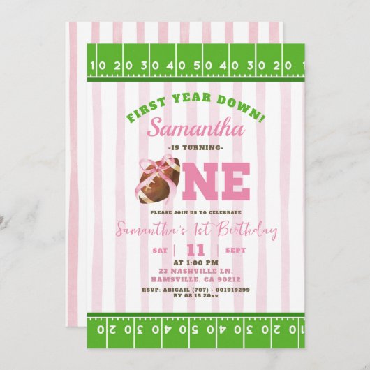 ガールファースト年Touchダウンサッカーファースト誕生日 招待状 (正面/裏面)