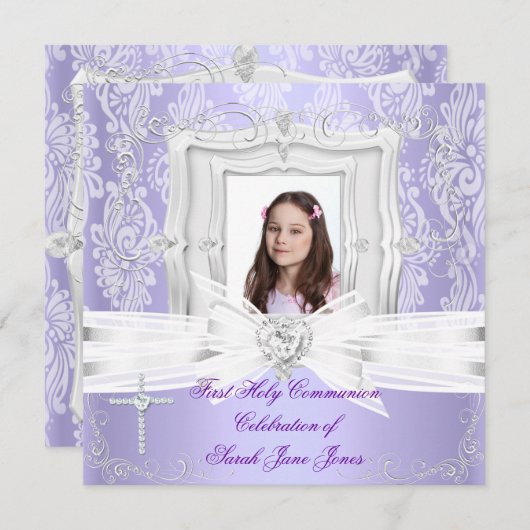 ガールファースト聖なる聖餐式かわいらし紫の写真 招待状 (正面/裏面)