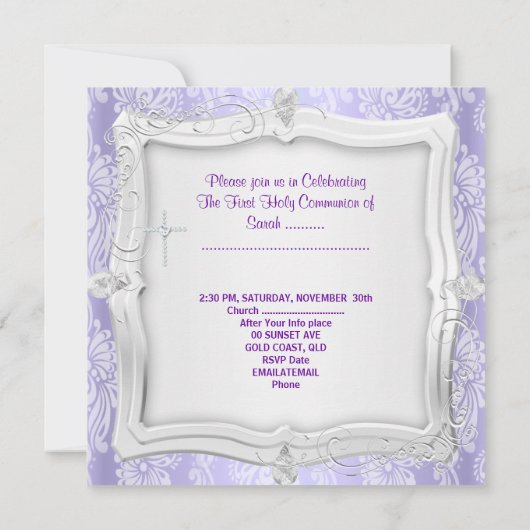 ガールファースト聖なる聖餐式かわいらし紫の写真 招待状 (裏面)