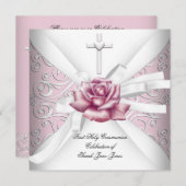 ガールファースト聖体拝領ダマスクピンクローズホワイト 招待状 (正面/裏面)