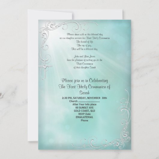 ガールファースト聖体拝領ティール（緑がかった色）ブルーヘブン 招待状 (裏面)