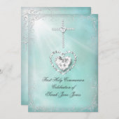 ガールファースト聖体拝領ティール（緑がかった色）ブルーヘブン 招待状 (正面/裏面)