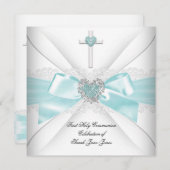 ガールファースト聖体拝領ティール（緑がかった色）ホワイトハート 招待状 (正面/裏面)