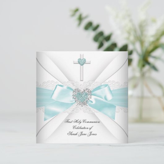 ガールファースト聖体拝領ティール（緑がかった色）ホワイトハート 招待状 (スタンド正面)