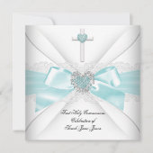 ガールファースト聖体拝領ティール(緑がかった色)ホワイトハート 招待状 (正面)