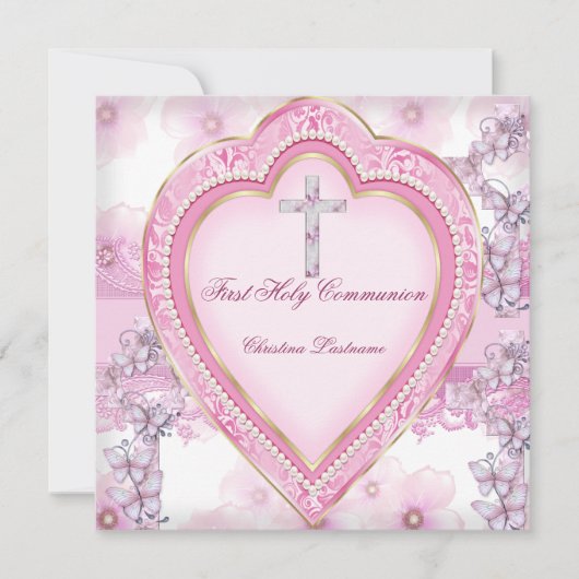 ガールファースト聖体拝領ピンクハート 招待状 (正面)