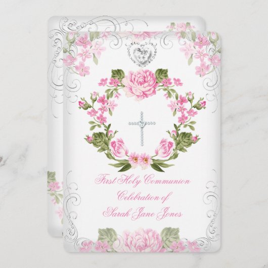 ガールファースト聖体拝領ピンクヴィンテージフローラ2 招待状 (正面/裏面)