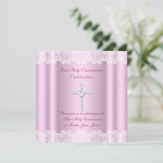 ガールファースト聖体聖体聖体ホワイトレースピンククロス 招待状 (スタンド正面)
