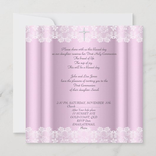 ガールファースト聖体聖体聖体ホワイトレースピンククロス 招待状 (裏面)