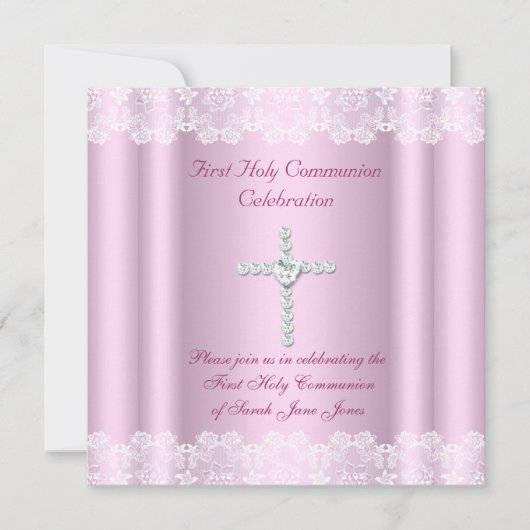 ガールファースト聖体聖体聖体ホワイトレースピンククロス 招待状 (正面)