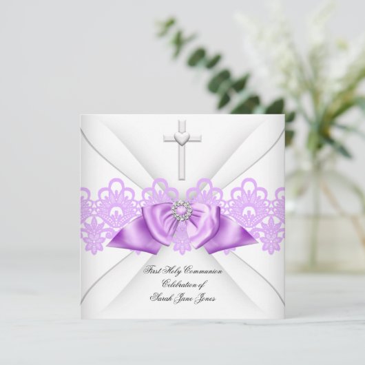 ガールファースト聖体薄紫レースボウホワイト 招待状 (スタンド正面)