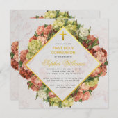 ガールファースト聖餐式カーネーション金ゴールドクロスフローラ 招待状 (正面/裏面)