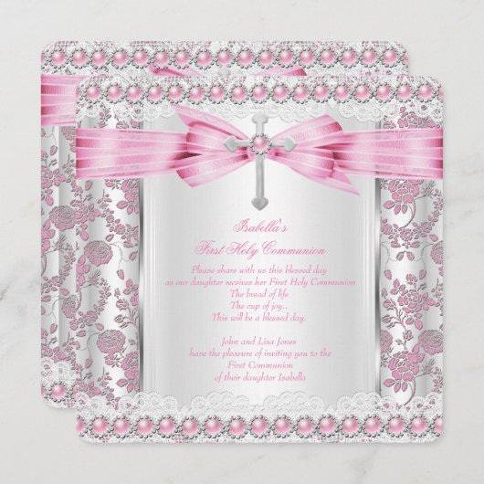 ガールファースト聖餐式クロスダマスクピンクシルバー 招待状 (正面/裏面)