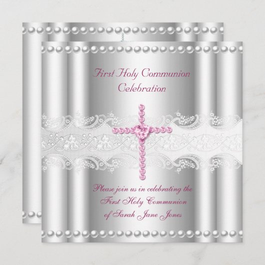 ガールファースト聖餐式シルバーレースピンクパール 招待状 (正面/裏面)