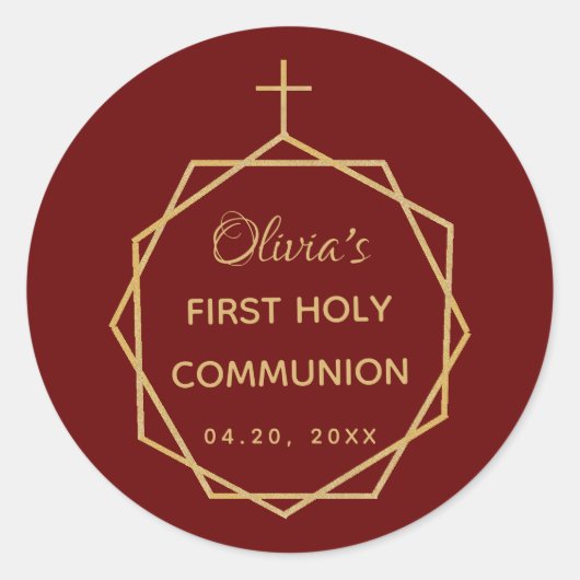 ガールファースト聖餐式バーガンディ赤モダン金ゴールド ラウンドシール (正面)