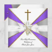 ガールファースト聖餐式パープルホワイトフローラ 招待状 (正面/裏面)