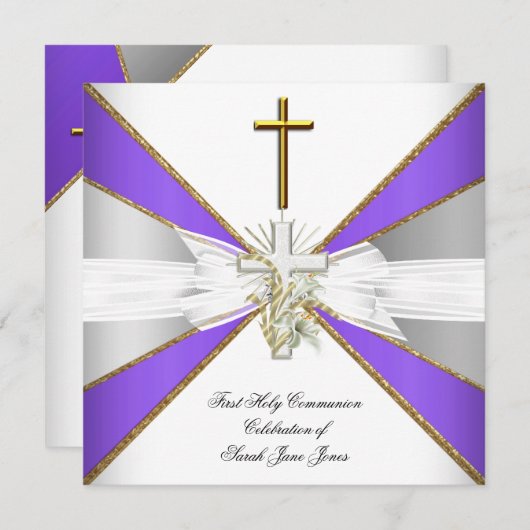 ガールファースト聖餐式パープルホワイトフローラ 招待状 (正面/裏面)