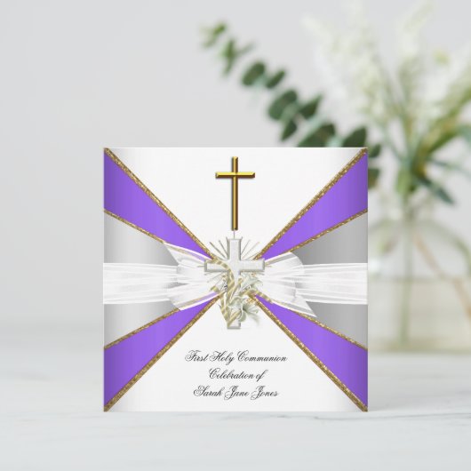 ガールファースト聖餐式パープルホワイトフローラ 招待状 (スタンド正面)
