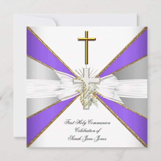 ガールファースト聖餐式パープルホワイトフローラ 招待状 (正面)