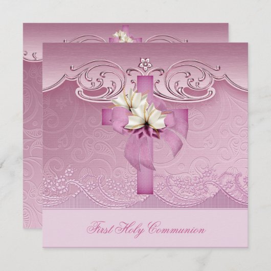 ガールファースト聖餐式ピンククロス 招待状 (正面/裏面)