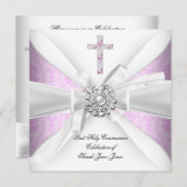 ガールファースト聖餐式ピンクダマスクホワイトシルバー 招待状 (正面/裏面)