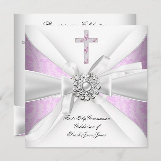 ガールファースト聖餐式ピンクダマスクホワイトシルバー 招待状 (正面/裏面)