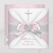 ガールファースト聖餐式ピンクホワイトグレーハート2 招待状 (正面/裏面)