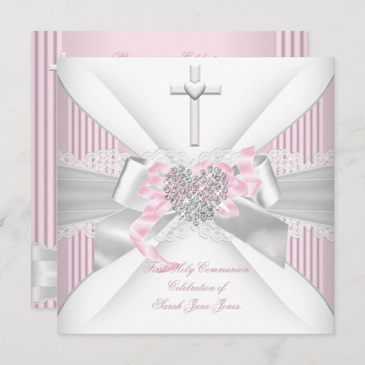ガールファースト聖餐式ピンクホワイトグレーハート2 招待状 (正面/裏面)