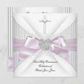 ガールファースト聖餐式ピンクホワイトグレーハート 招待状 (正面/裏面)