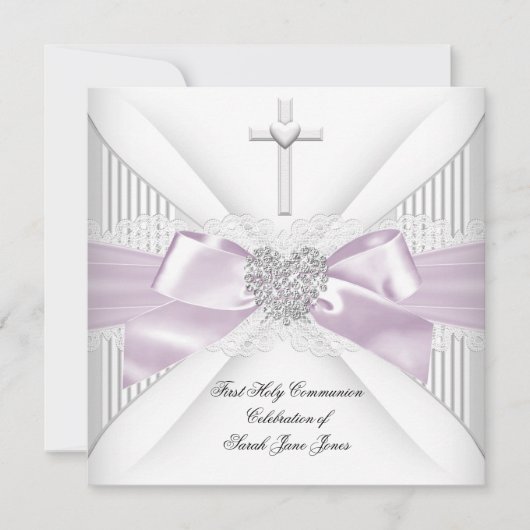 ガールファースト聖餐式ピンクホワイトグレーハート 招待状 (正面)