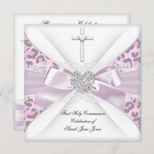 ガールファースト聖餐式ピンクホワイトグレーヒョウ 招待状 (正面/裏面)