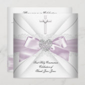 ガールファースト聖餐式ピンクホワイトシルバーハート 招待状 (正面/裏面)