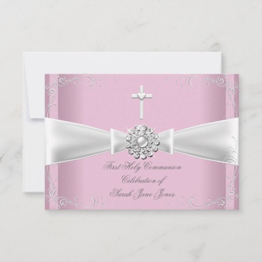 ガールファースト聖餐式ピンクホワイトシルバー 招待状 (正面)