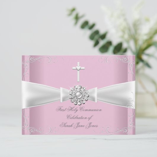ガールファースト聖餐式ピンクホワイトシルバー 招待状 (スタンド正面)