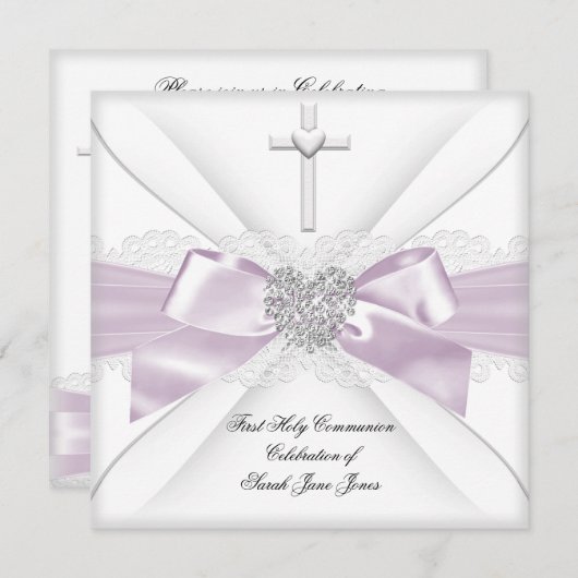 ガールファースト聖餐式ピンクホワイトハート2 招待状 (正面/裏面)