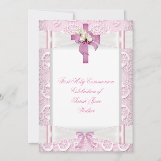 ガールファースト聖餐式ピンクレースボウホワイト4 招待状 (正面)